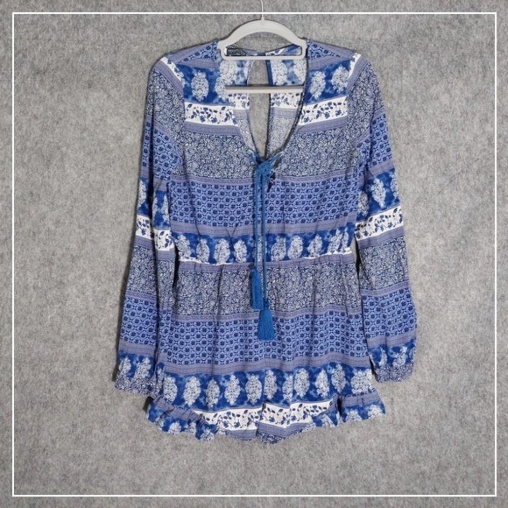 Earthbound Romper S Festival Playsuit Boho Mix Print Puff Sleeve Ruffle festival
